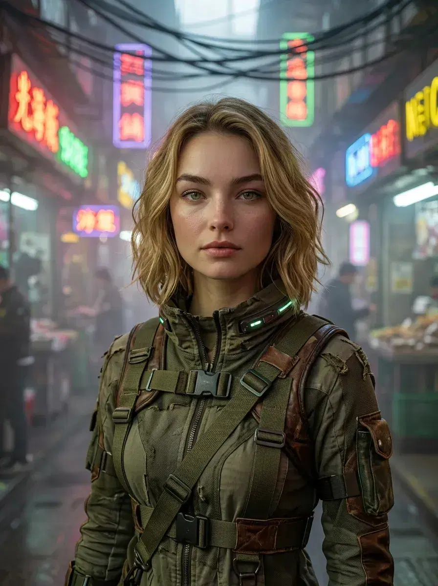 AI AI Cyberpunk Photos — Neon Noir Portraits — Medium AI cyberpunk photo in dystopian neon market corridor