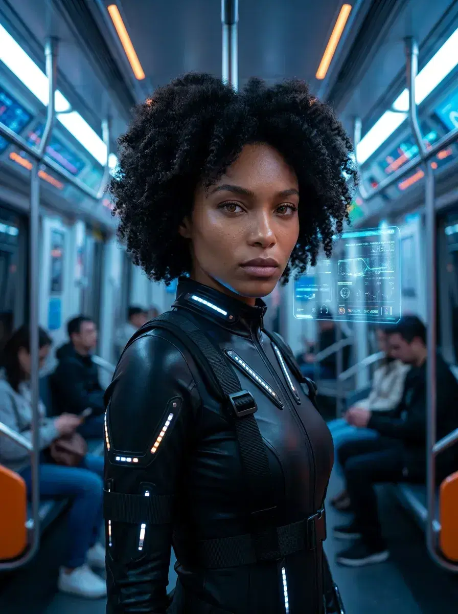 AI AI Cyberpunk Photos — Neon Noir Portraits — Three-quarter AI cyberpunk photo inside a neon-lit futuristic subway