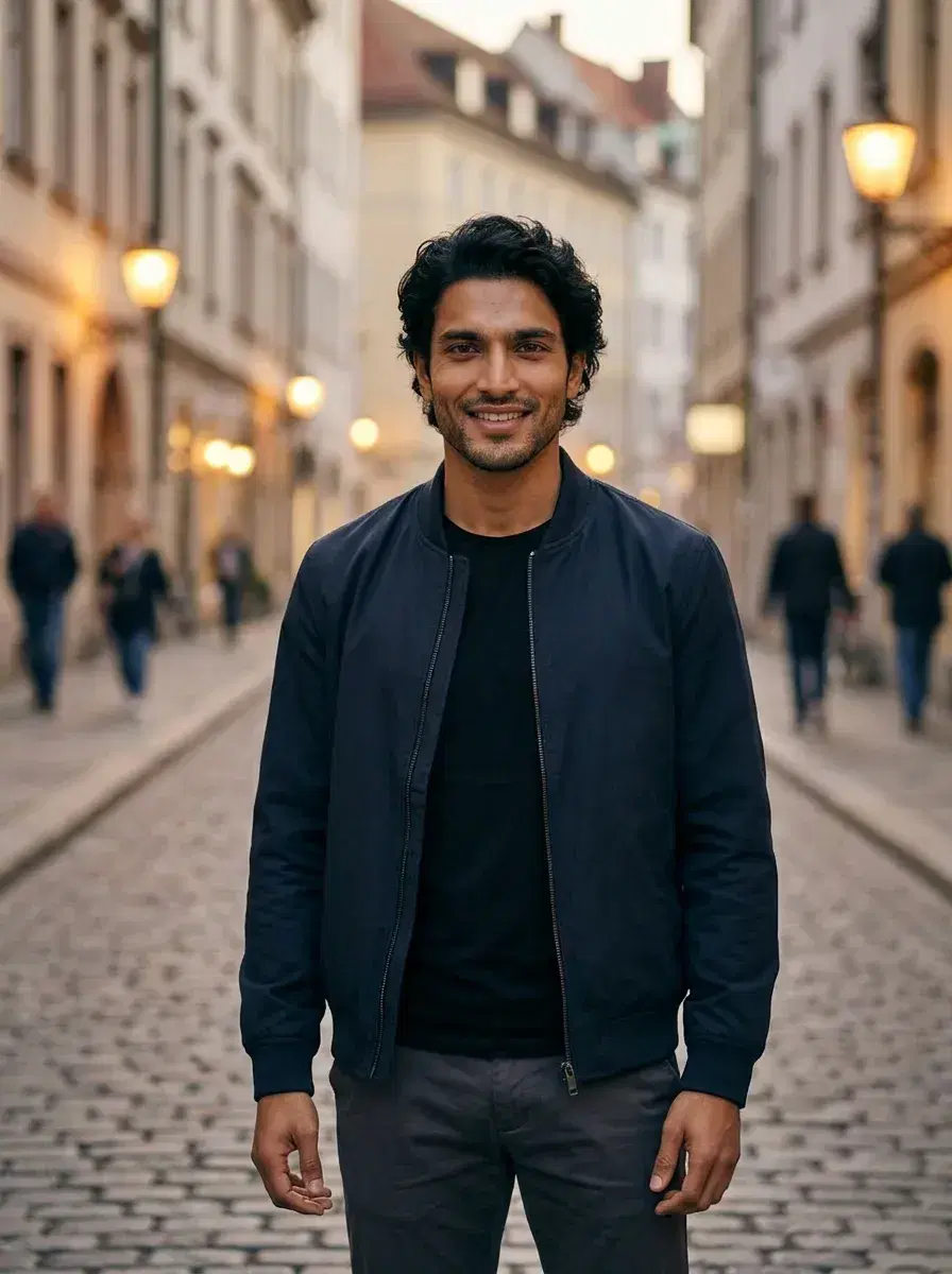 AI AI Dating Photos — Match-Ready Portraits — Person on a European cobblestone street at dusk — AI dating photo with cinematic lighting