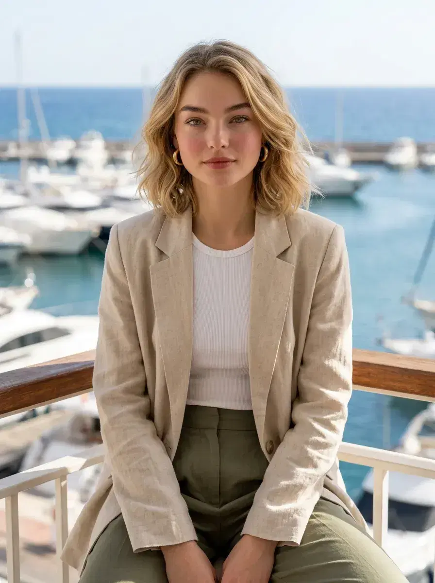 AI AI Dating Photos — Match-Ready Portraits — Person on a marina balcony with a charismatic gaze — AI Tinder profile photo