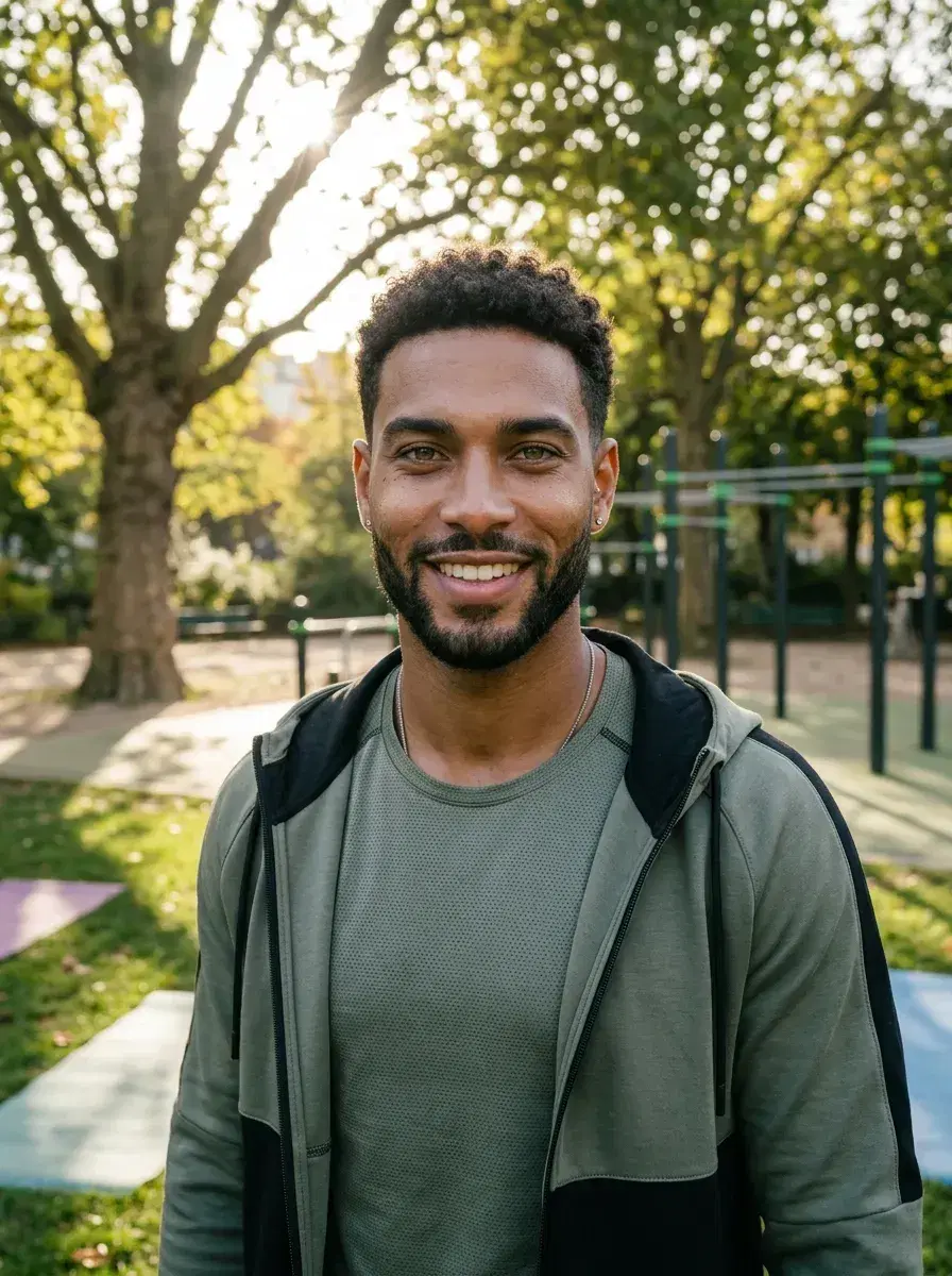 AI AI Dating Photos — Match-Ready Portraits — Person at an outdoor fitness park in morning light — AI dating app photo showing active lifestyle