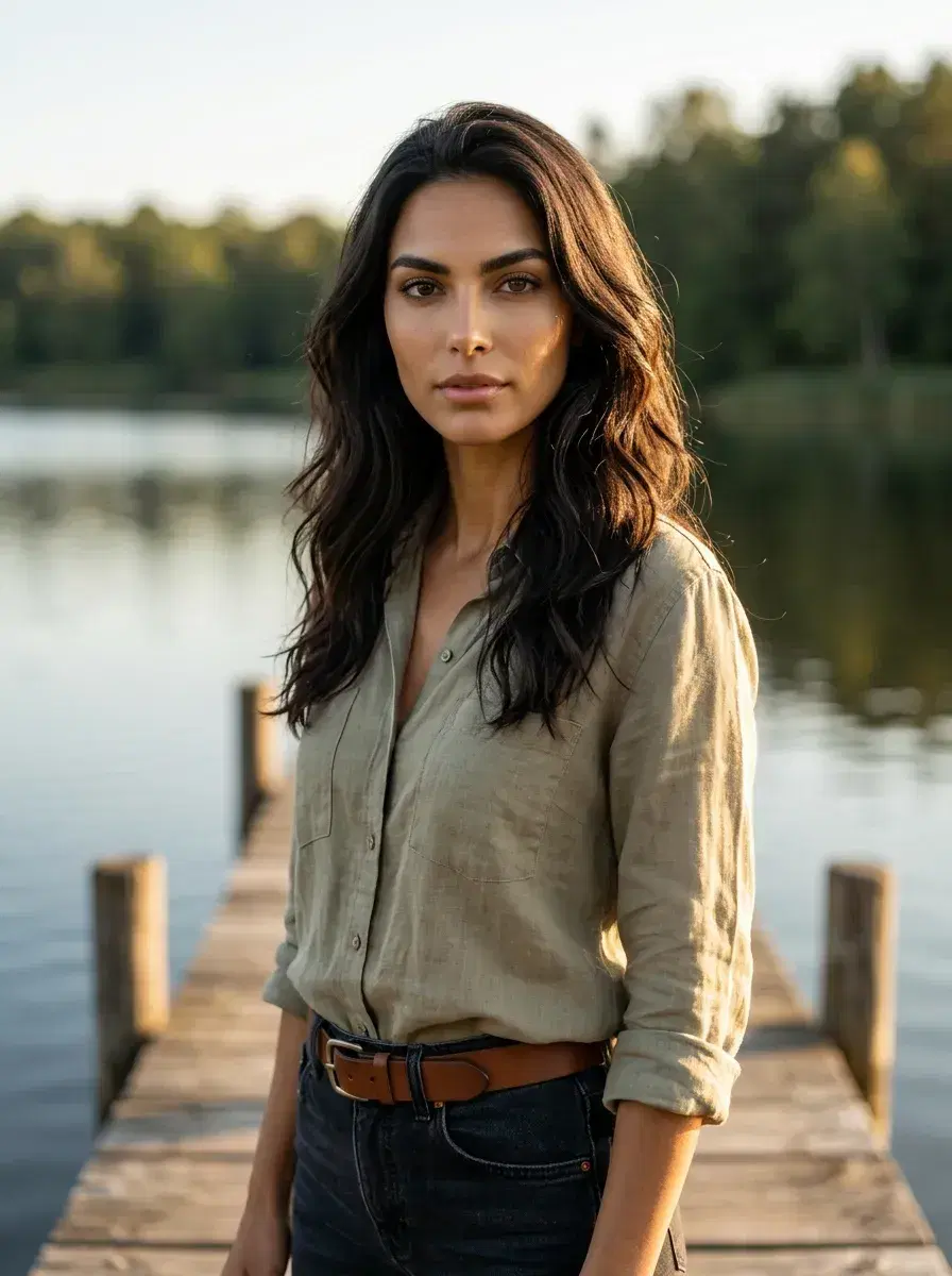 AI AI Dating Photos — Match-Ready Portraits — Person on a lake pier at golden hour — AI dating photo with warm cinematic tones