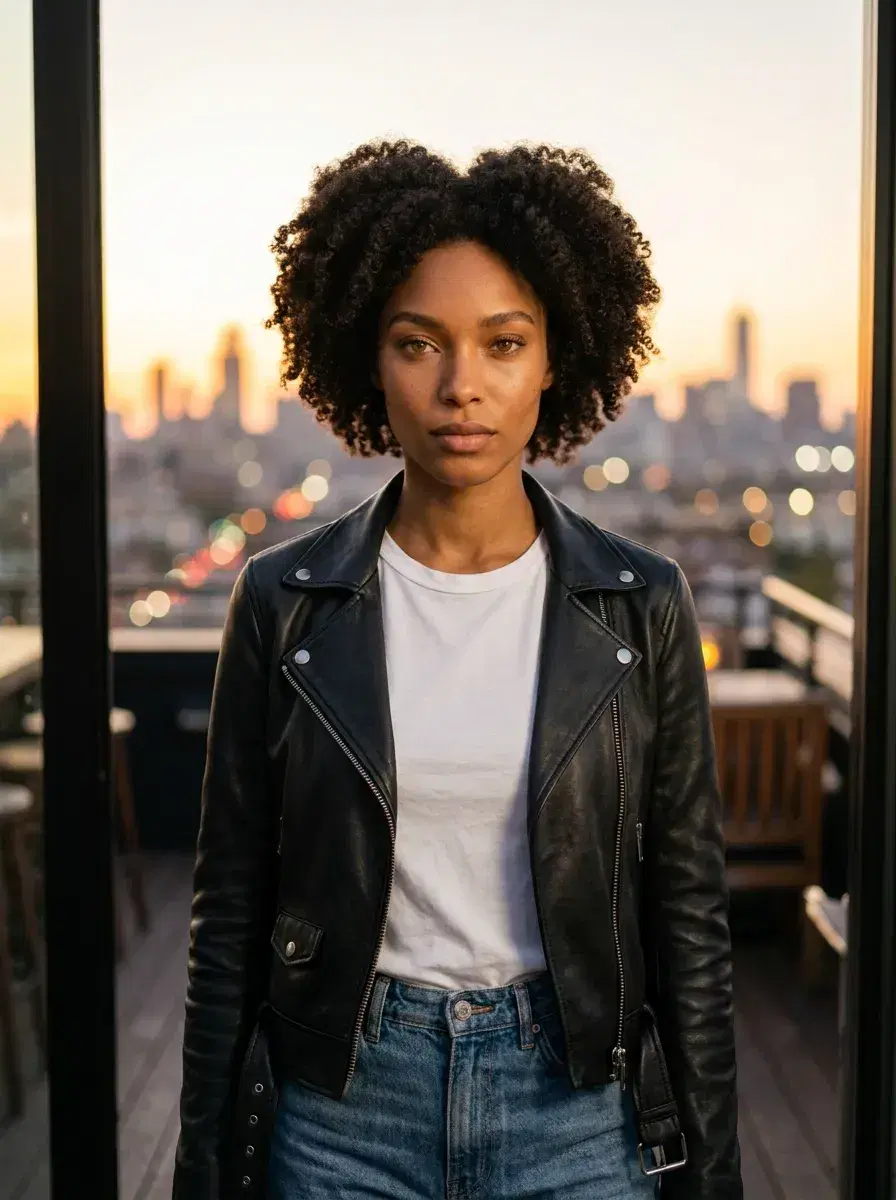 AI AI Dating Photos — Match-Ready Portraits — Person at a rooftop bar at sunset with a warm gaze — AI dating profile photo