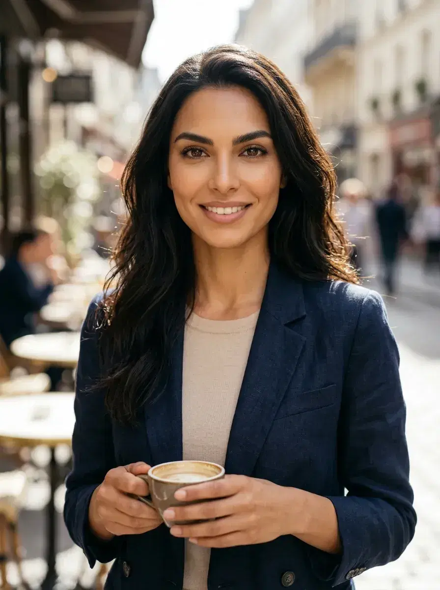 AI AI Dating Photos — Match-Ready Portraits — Person at an outdoor café with an approachable smile — AI dating app photo