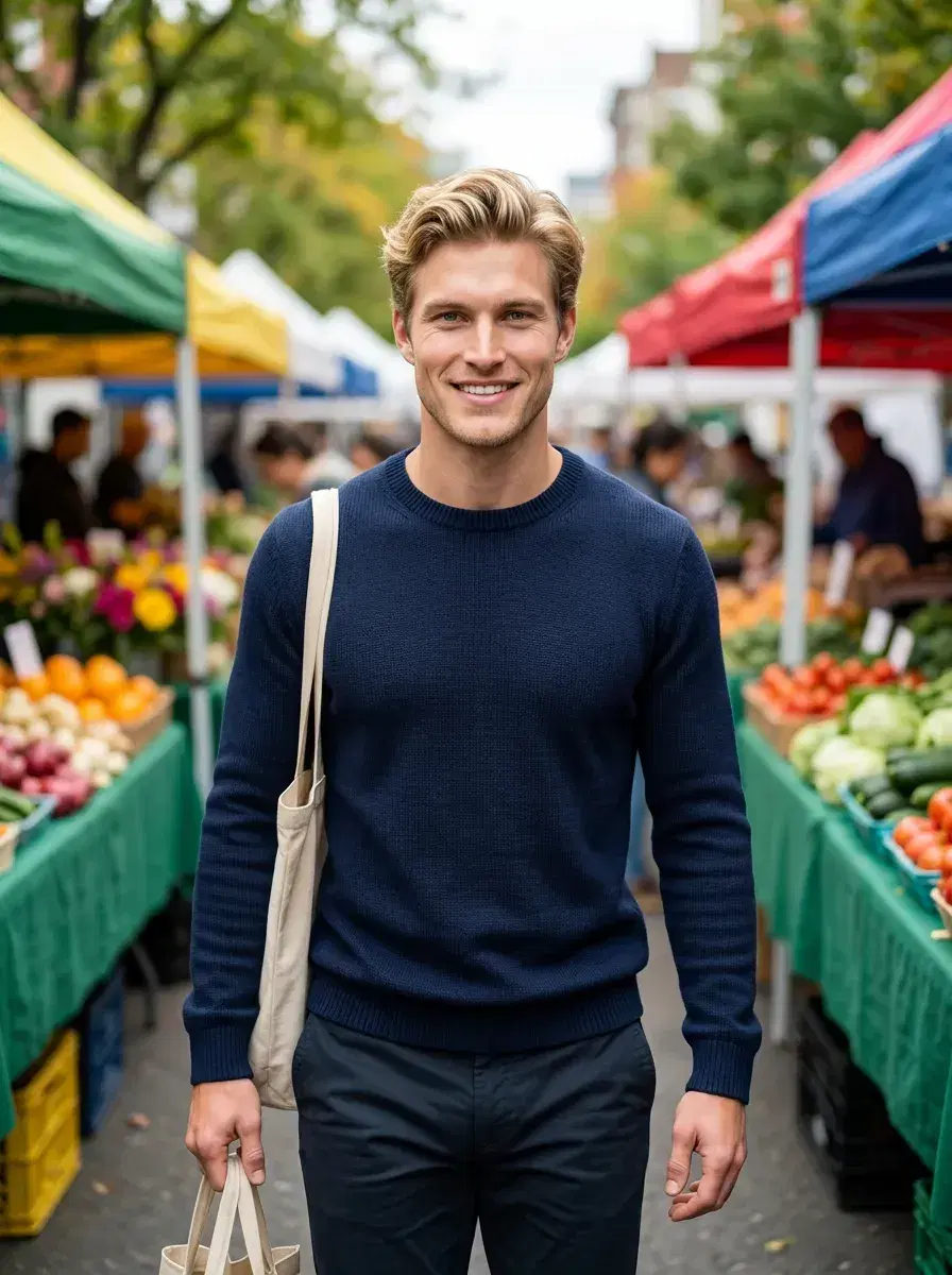 AI AI Dating Photos — Match-Ready Portraits — Person at a farmers market with a relaxed smile — AI Hinge profile photo