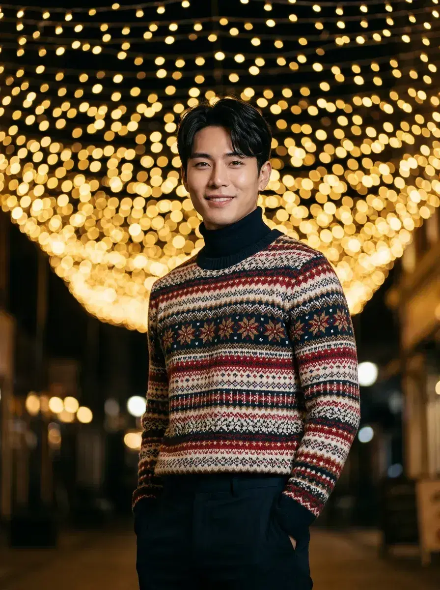 AI AI December Photos — Festive Vibes — Person under festive string lights at night, AI December photo