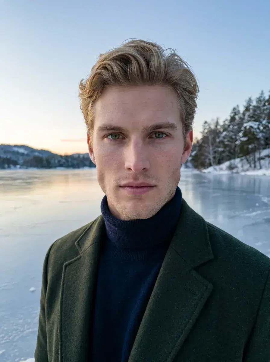 AI AI December Photos — Festive Vibes — Person at frozen lake at dusk, AI December photo dump