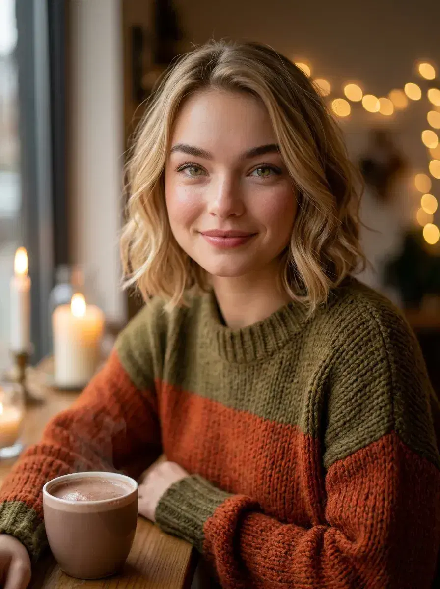 AI AI December Photos — Festive Vibes — Person in knitwear with hot drink by candlelight, AI December photo