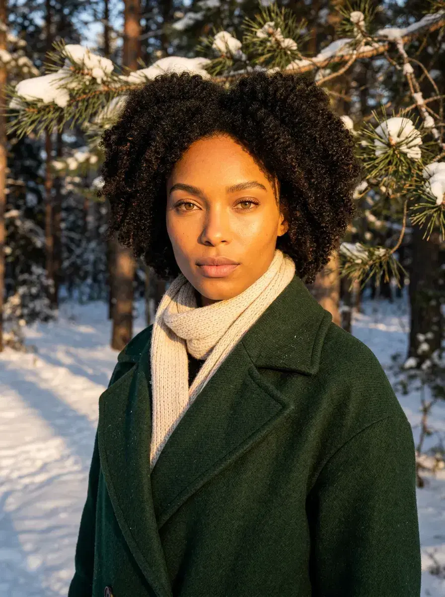 AI AI December Photos — Festive Vibes — Person in snow-covered pine forest at golden hour, AI December photo