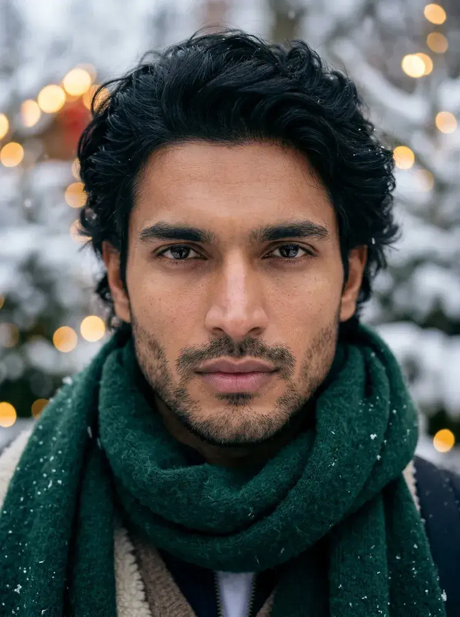 AI AI December Photos — Festive Vibes — Close-up winter portrait with snowflake bokeh, AI December photo dump