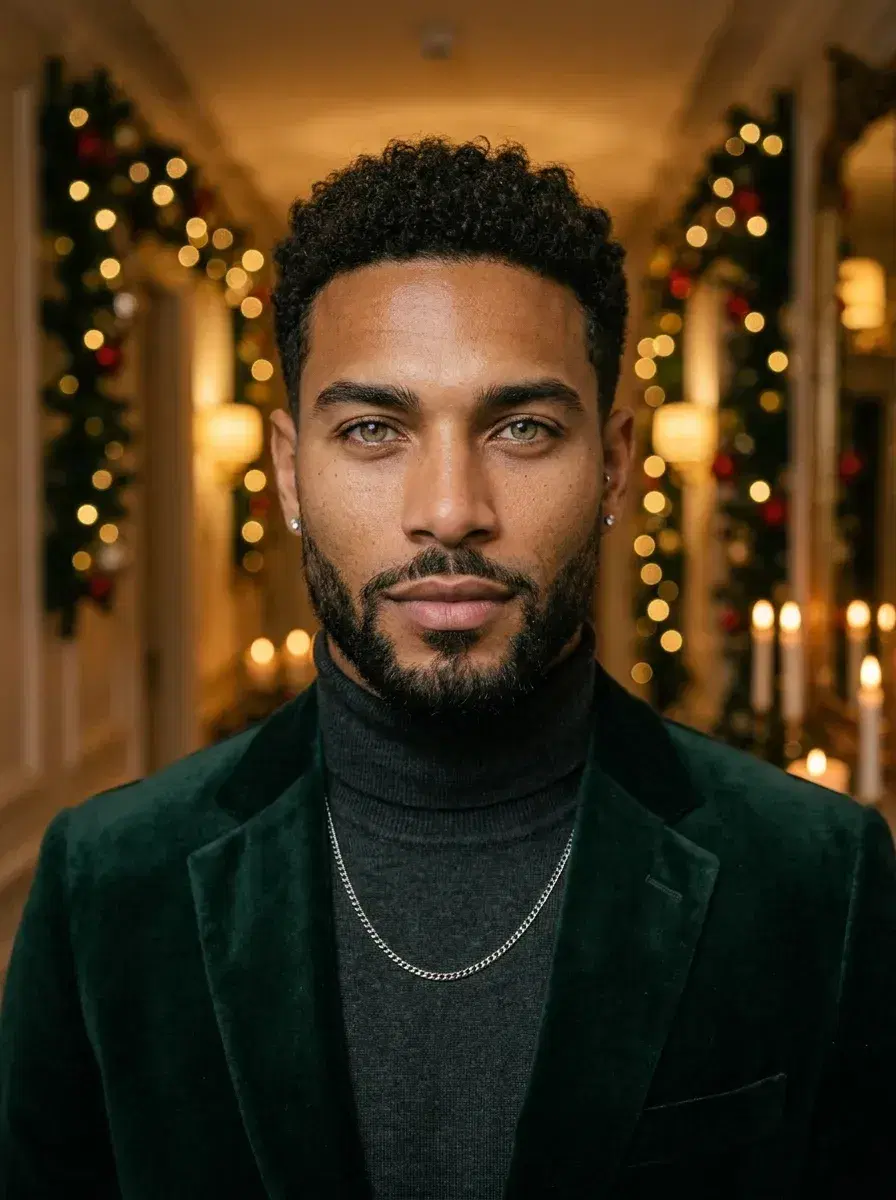 AI AI December Photos — Festive Vibes — Person in festive hallway with garlands, AI December photo