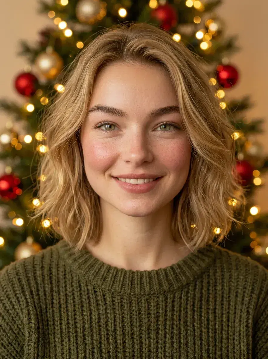 AI AI December Photos — Festive Vibes — Person in knit sweater in front of glowing Christmas tree, AI December photo