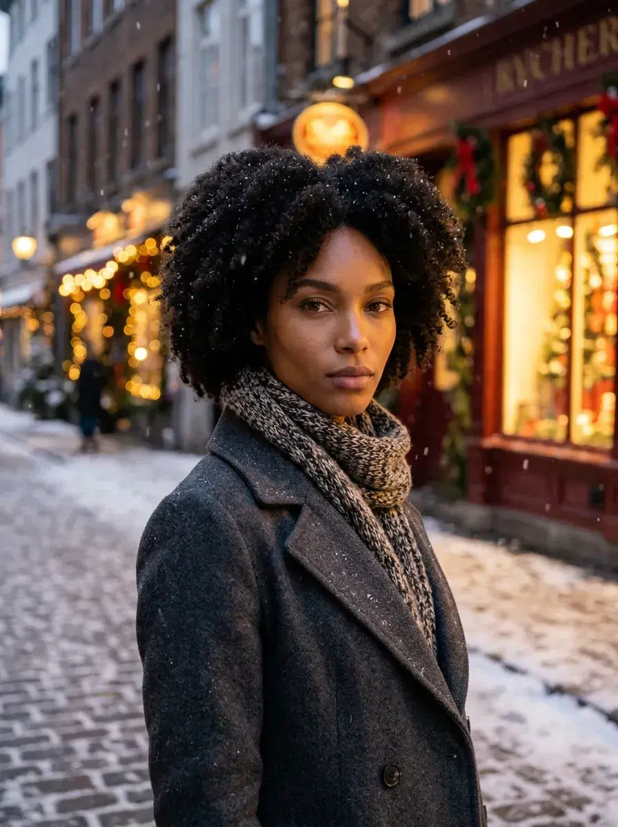 AI AI December Photos — Festive Vibes — Person on snowy festive street at dusk, AI December photo dump