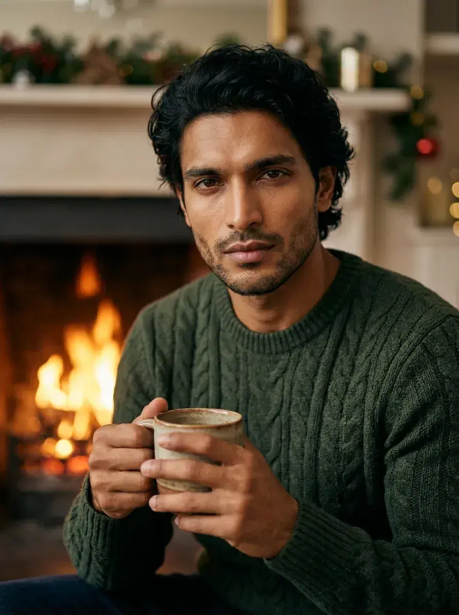 AI AI December Photos — Festive Vibes — Person by fireplace holding mug, cozy AI December photo