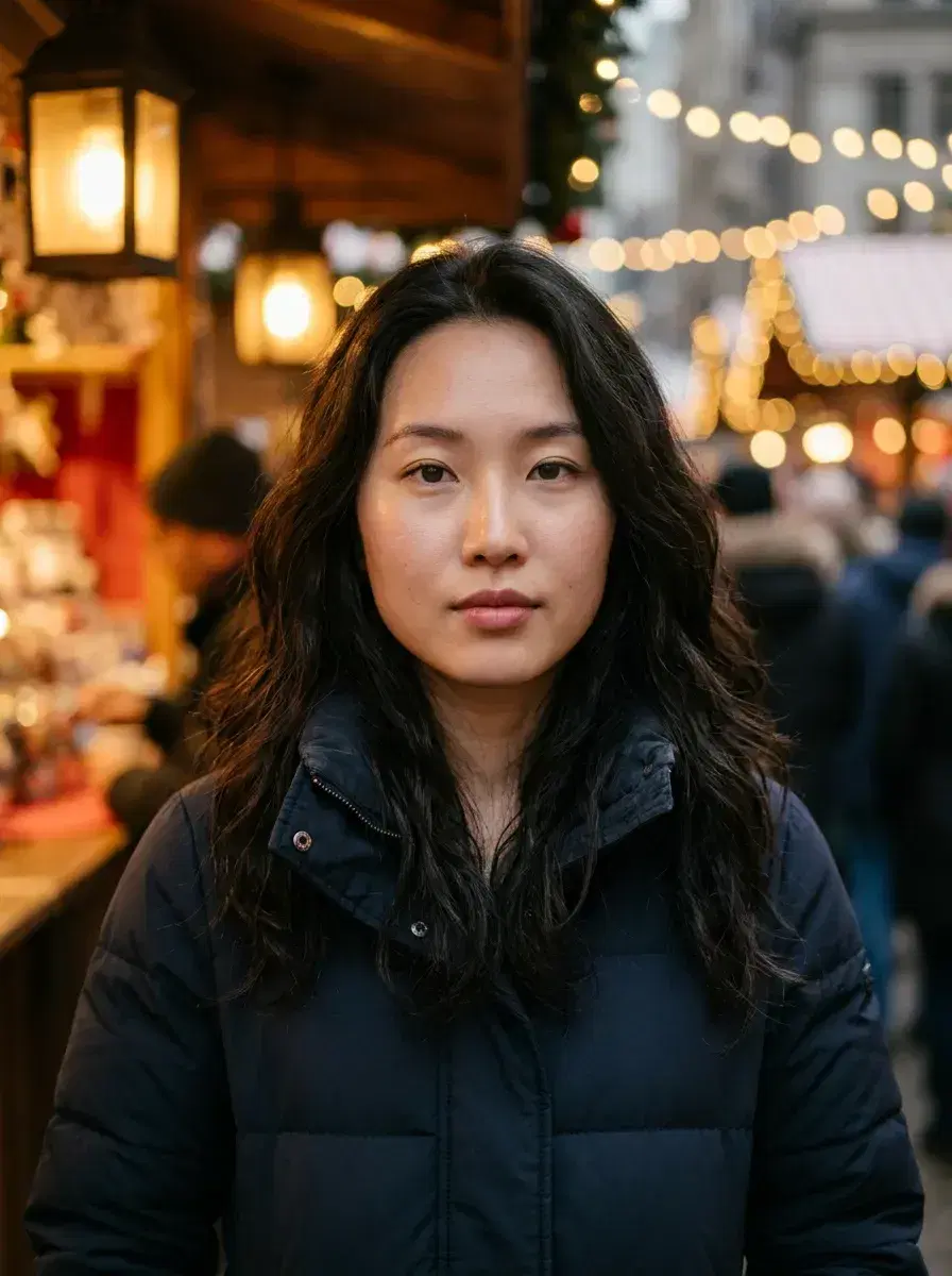 AI AI December Photos — Festive Vibes — Person at Christmas market in winter jacket, AI December dump photo