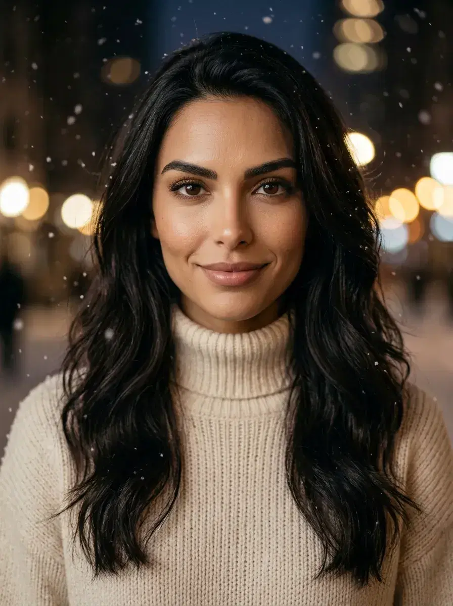 AI AI December Photos — Festive Vibes — Person in turtleneck in snowy city night scene, AI December photo