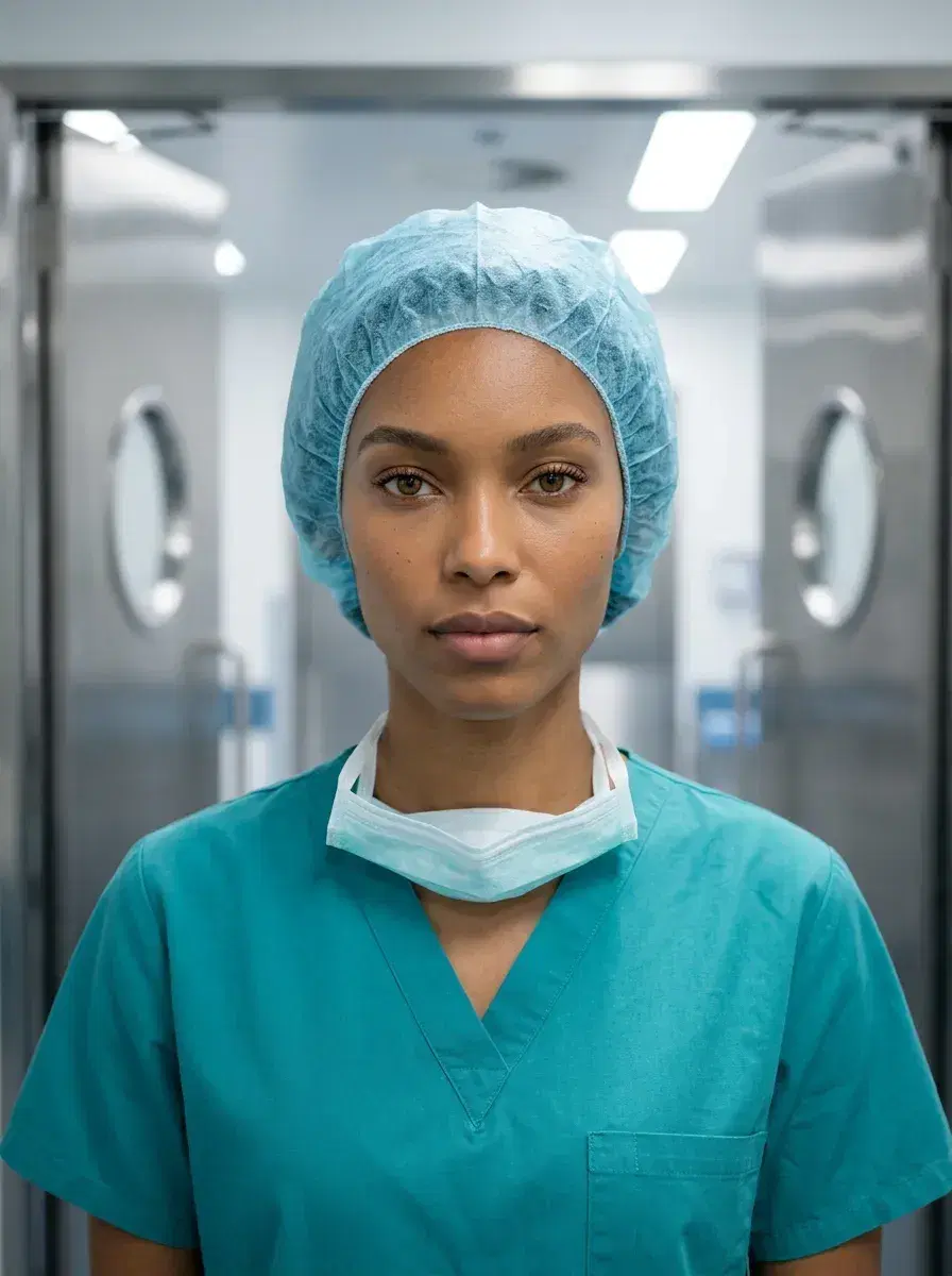 AI AI Doctor Headshots — surgical scrubs, pre-op corridor, stainless steel doors