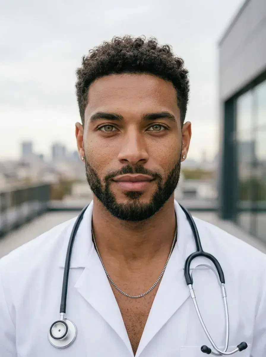 AI AI Doctor Headshots — hospital rooftop, white coat, overcast city skyline