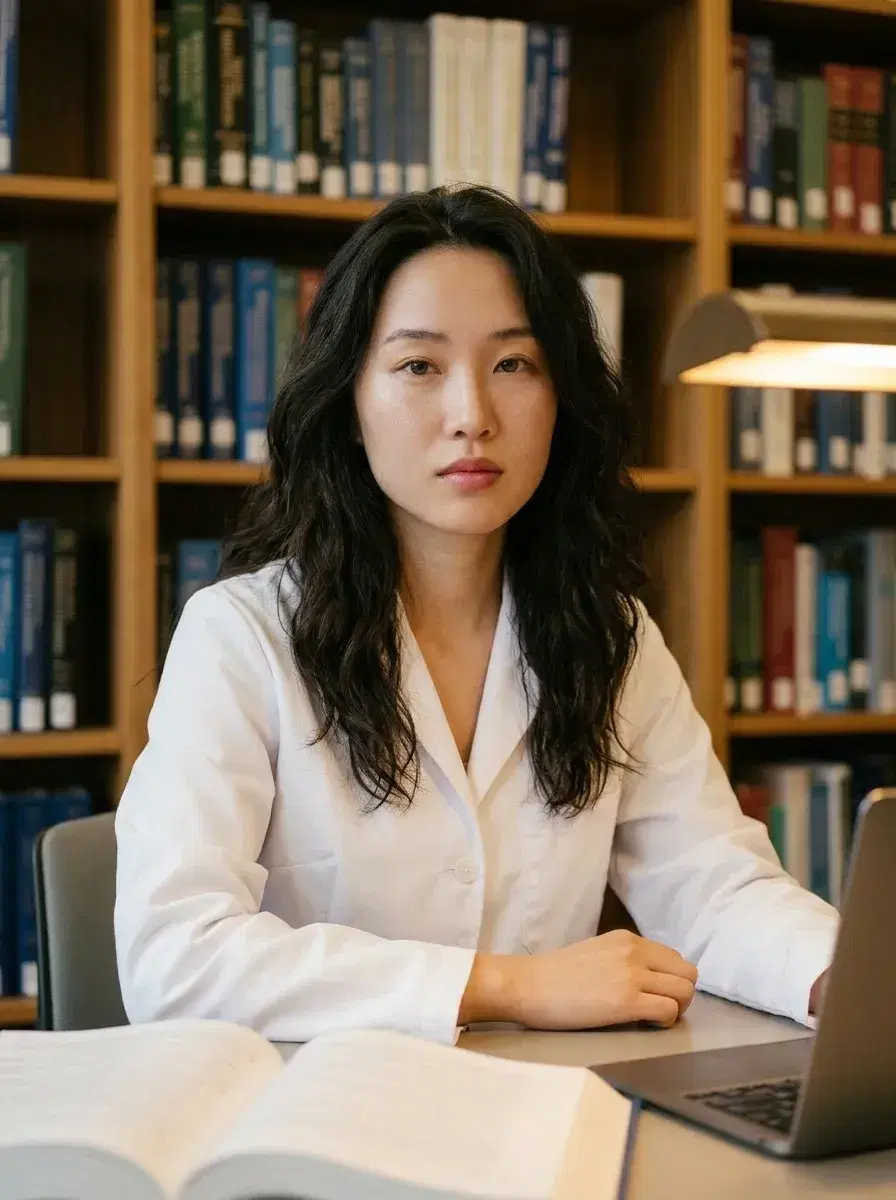 AI AI Doctor Headshots — medical library, warm reading lamp, bookshelves, white coat