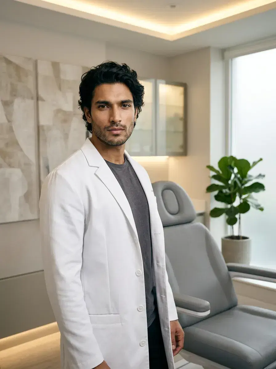 AI AI Doctor Headshots — private clinic room, warm pendant lighting, white coat