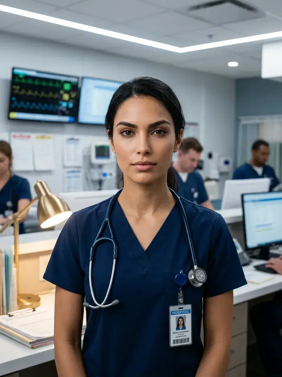 AI AI Doctor Headshots — emergency department, navy scrubs, patient monitors background