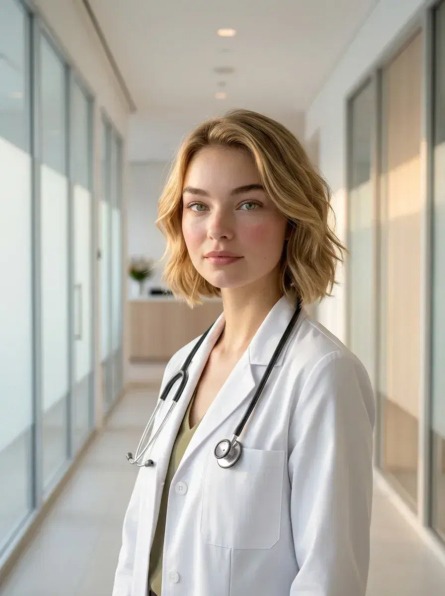 AI AI Doctor Headshots — clinic corridor, frosted glass rim light, minimalist interior