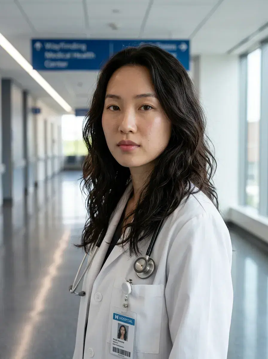 AI AI Doctor Headshots — hospital corridor, white lab coat, stethoscope, LED lighting