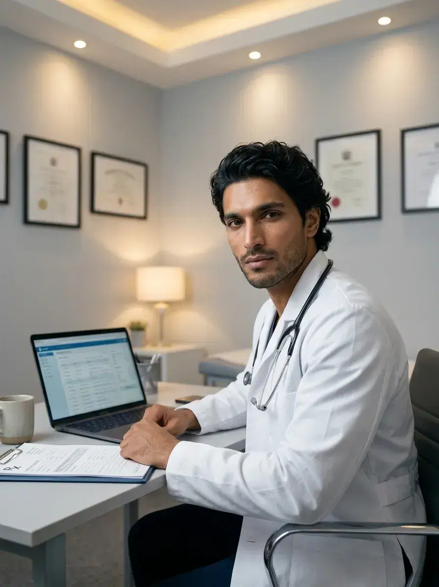 AI AI Doctor Headshots — consulting room desk, white coat, laptop, warm desk lamp