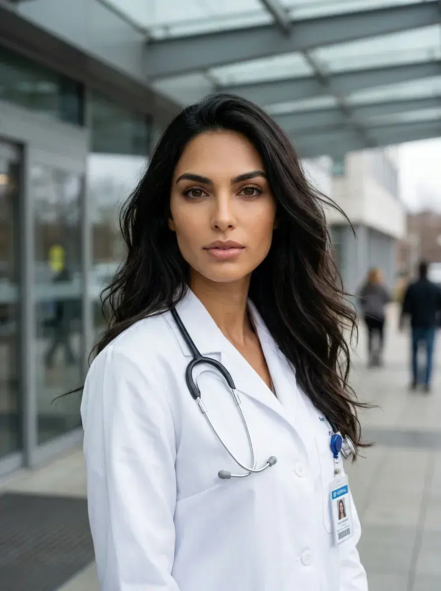 AI AI Doctor Headshots — modern hospital entrance, glass facade, overcast daylight