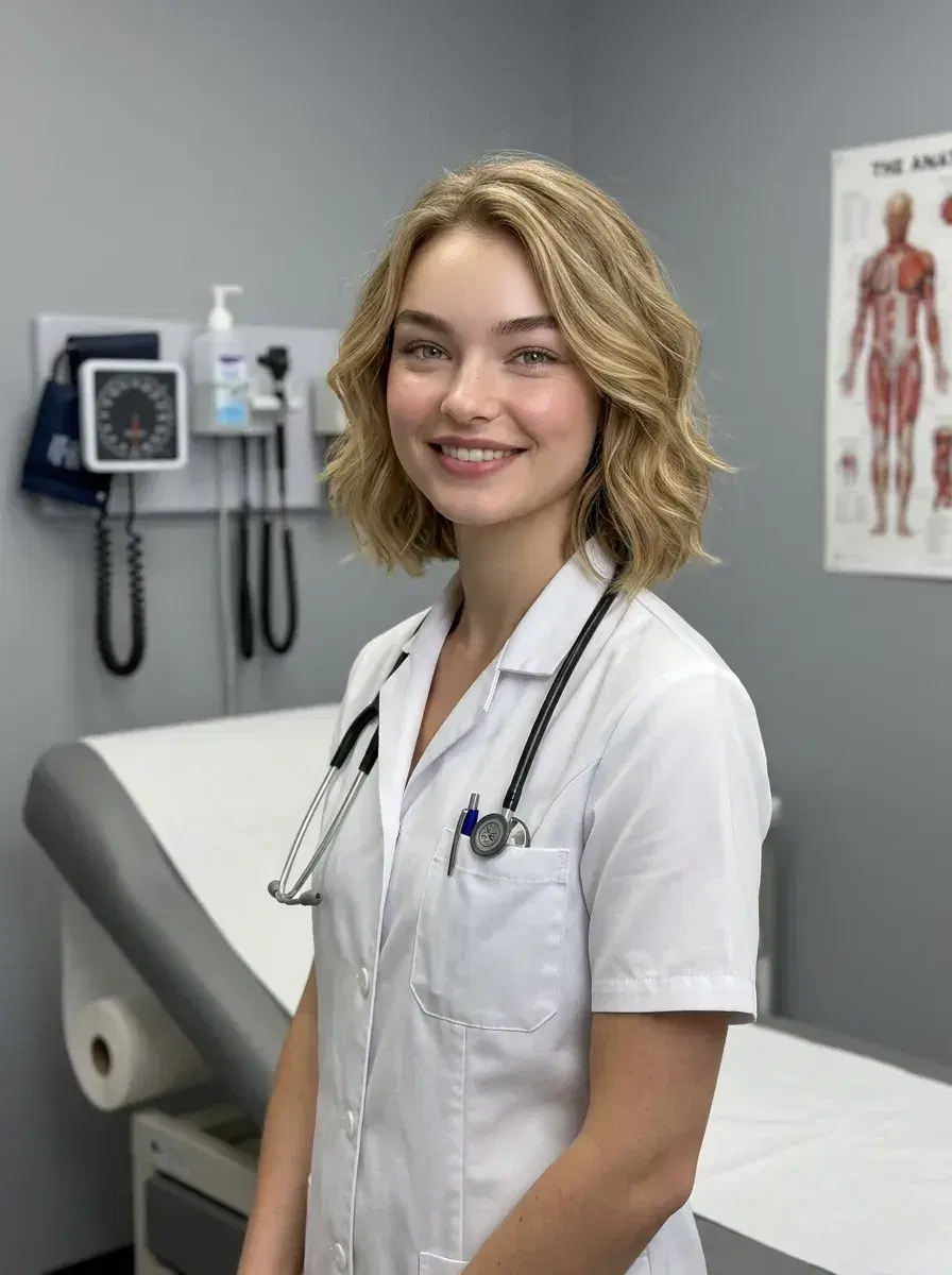 AI AI Doctor Headshots — examination room, white coat, clinical LED lighting