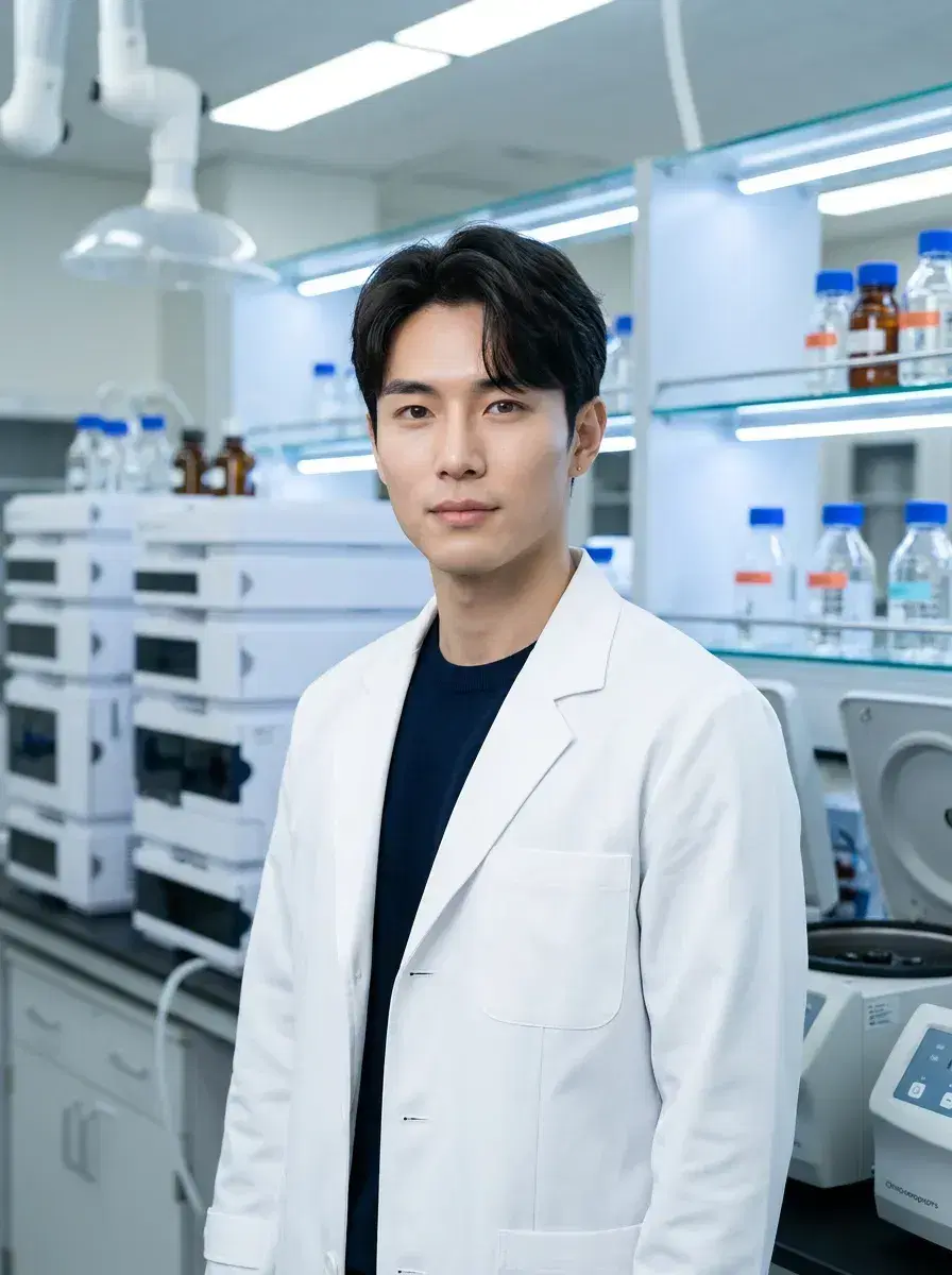 AI AI Doctor Headshots — biomedical research lab, white coat, blue-white lab glow