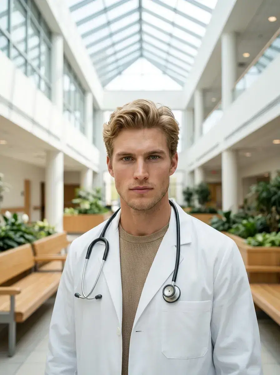 AI AI Doctor Headshots — hospital atrium, glass skylight, natural daylight, white coat