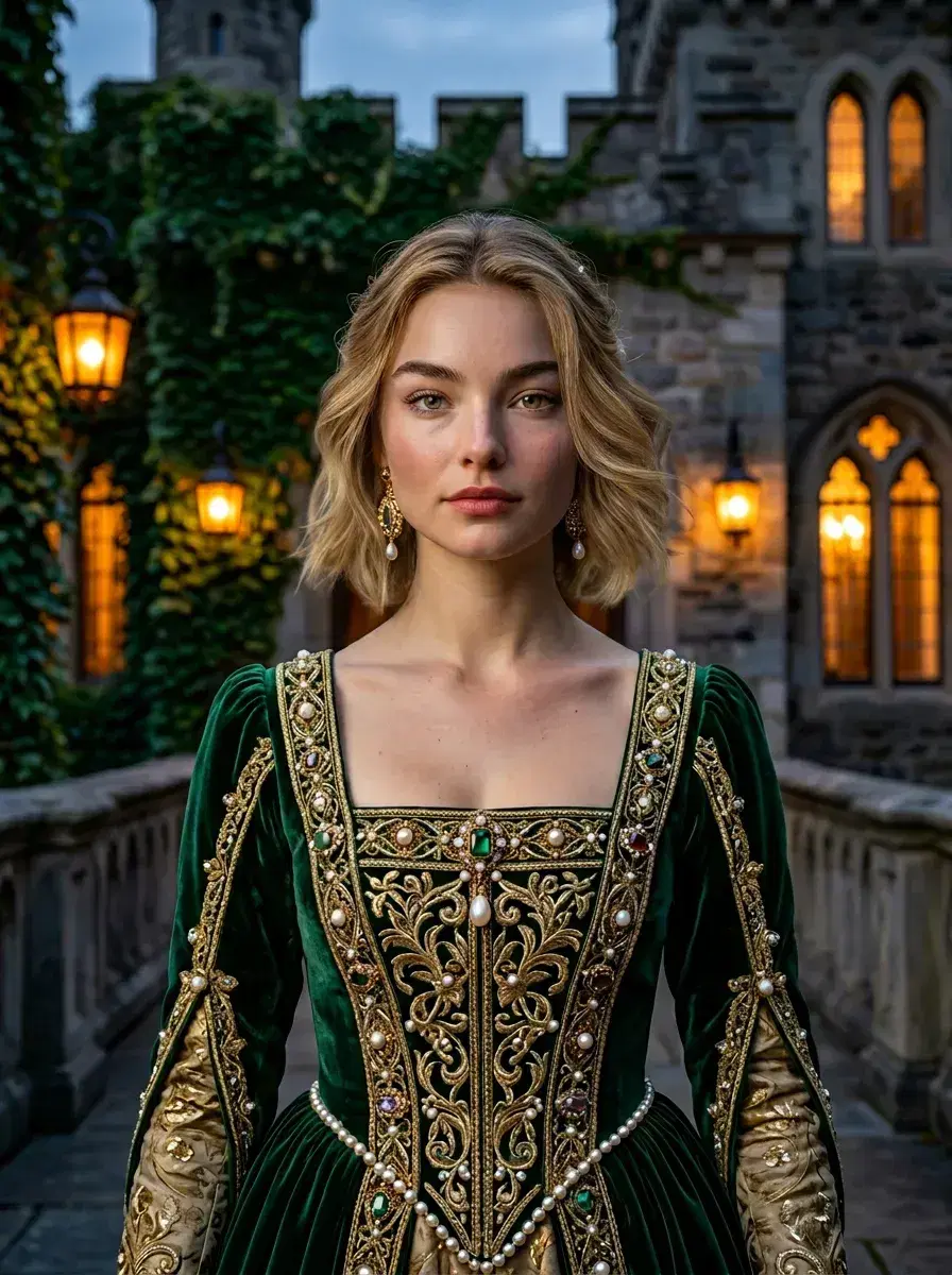 AI AI Fairy Tale Photos — Enchanted Portraits — Person in royal costume at enchanted castle entrance at twilight