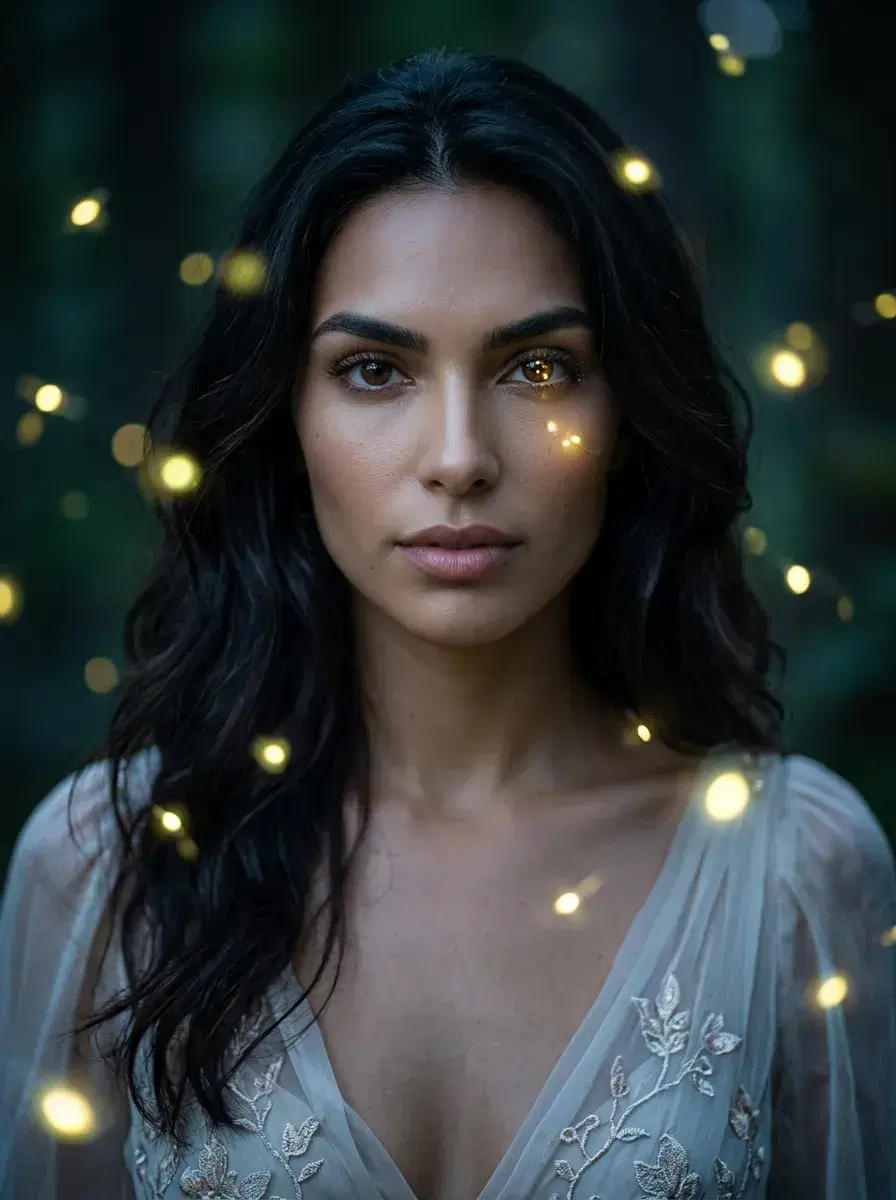 AI AI Fairy Tale Photos — Enchanted Portraits — Close-up fairy tale portrait with glowing fireflies and enchanted forest bokeh