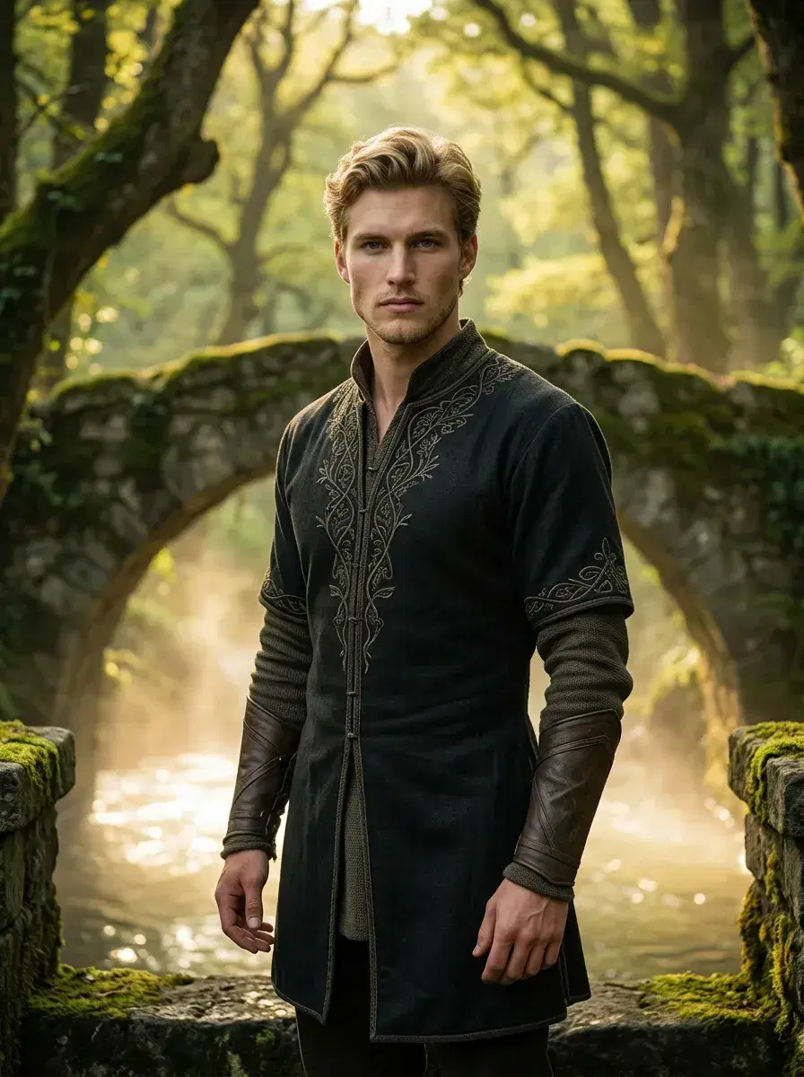 AI AI Fairy Tale Photos — Enchanted Portraits — Person in fantasy outfit on enchanted stone bridge over glowing river