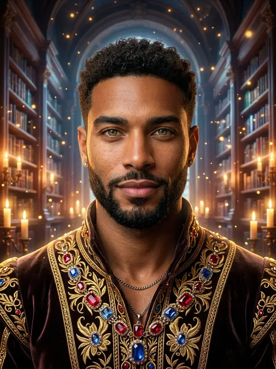 AI AI Fairy Tale Photos — Enchanted Portraits — Person in jewelled costume inside a magical glowing fairy tale library
