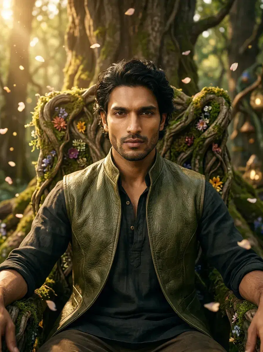 AI AI Fairy Tale Photos — Enchanted Portraits — Person on enchanted forest throne in sunlit magical clearing