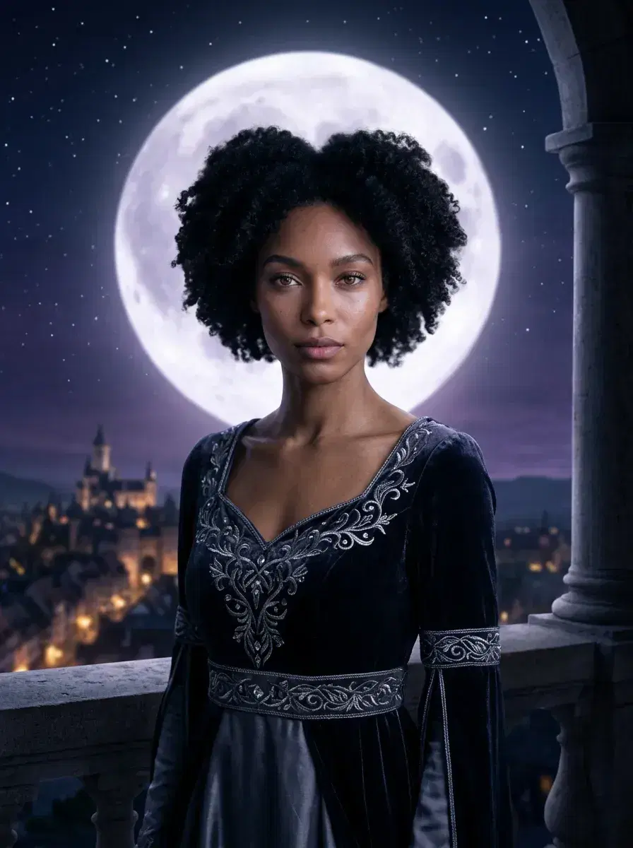 AI AI Fairy Tale Photos — Enchanted Portraits — Person in fairy tale costume on moonlit tower balcony overlooking glowing kingdom