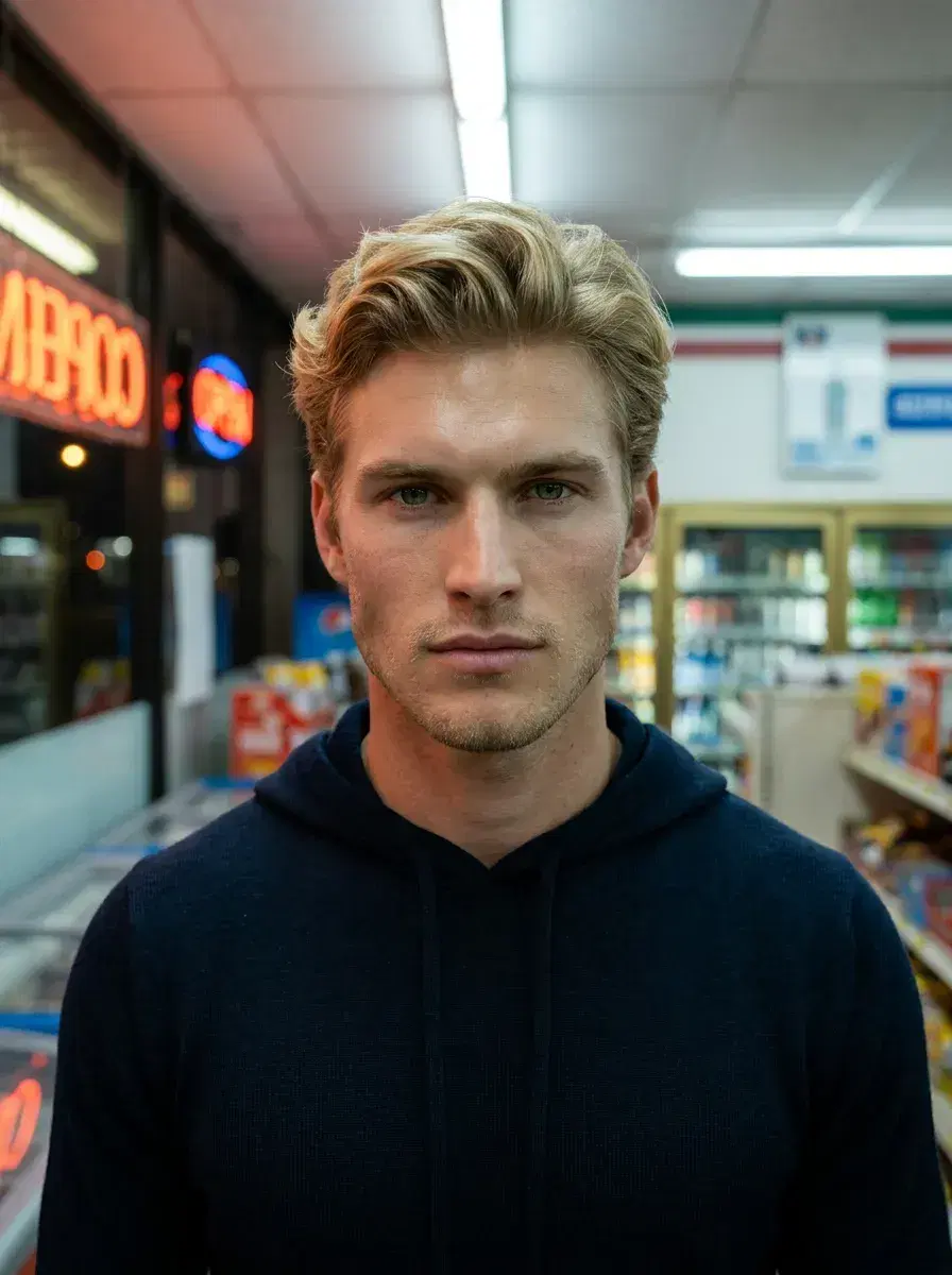 AI AI Gangster Photos — Cinematic Street Style — AI gangster photo — late-night convenience store neon portrait