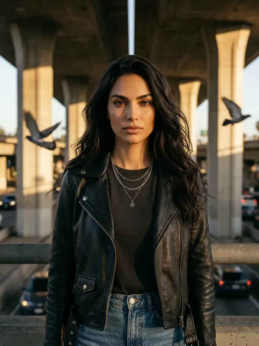 AI AI Gangster Photos — Cinematic Street Style — AI gangster photo — highway overpass golden hour urban portrait