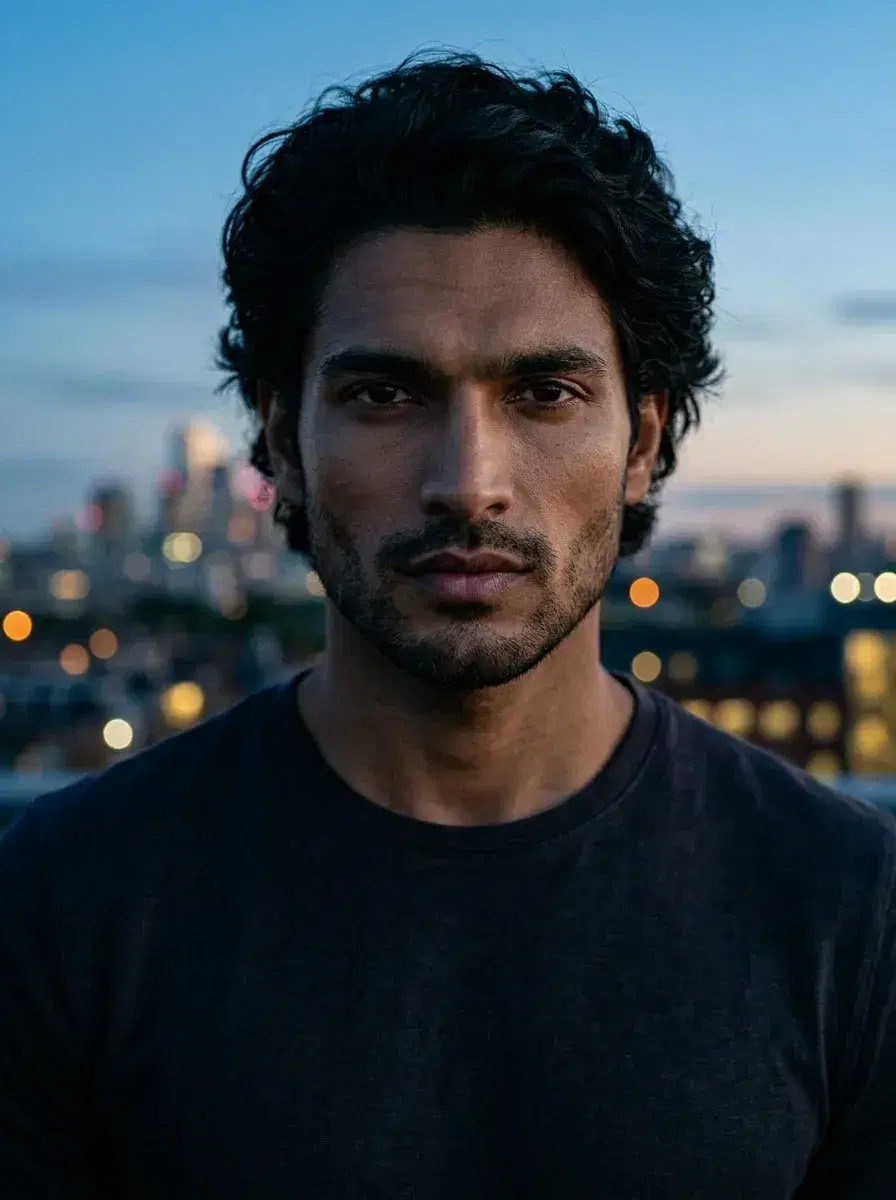 AI AI Gangster Photos — Cinematic Street Style — AI gangster photo — rooftop city skyline dusk portrait