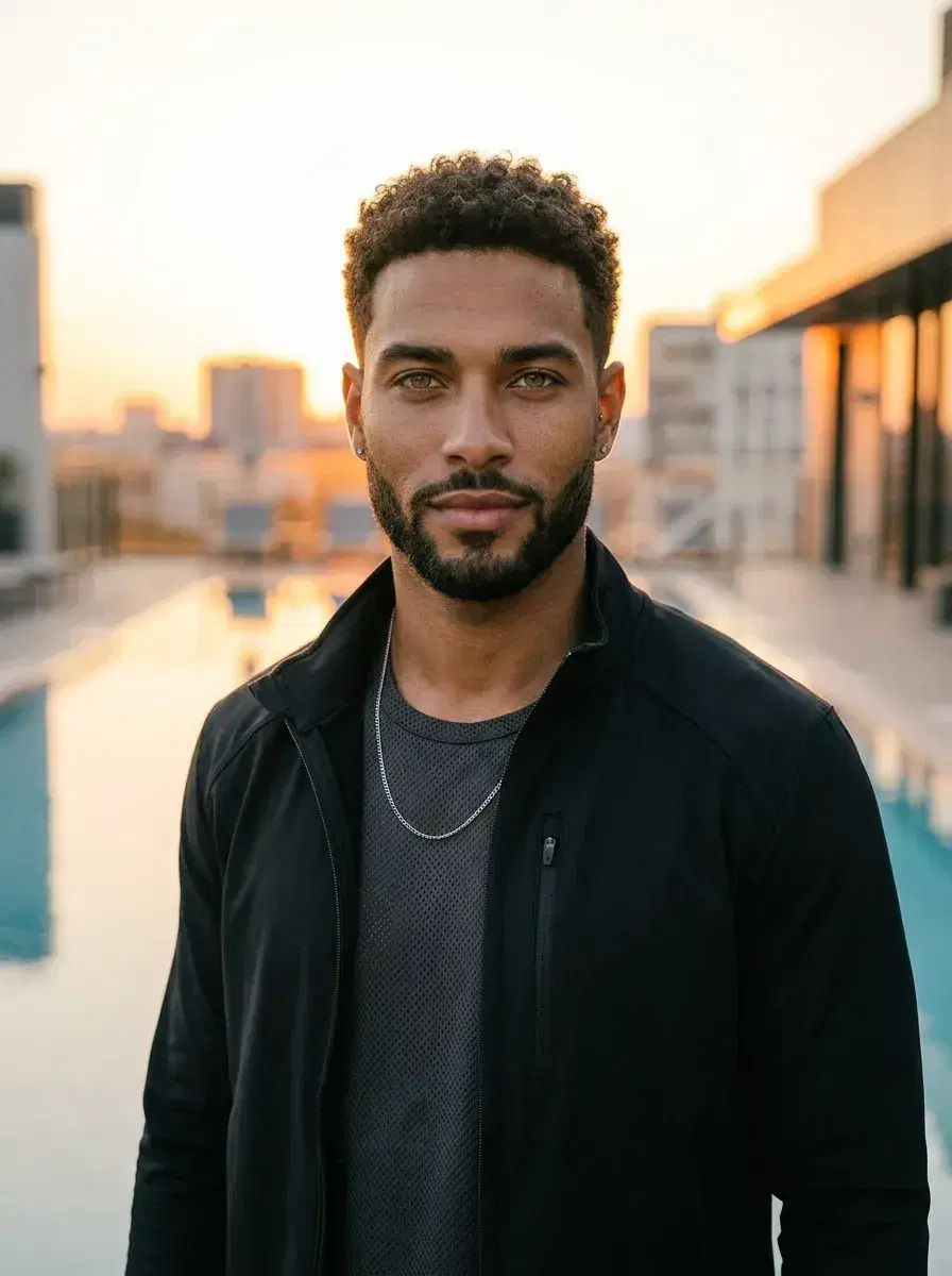 AI AI Glow Up Photos — Instant Transformation — Rooftop pool golden hour glow up — AI generated portrait