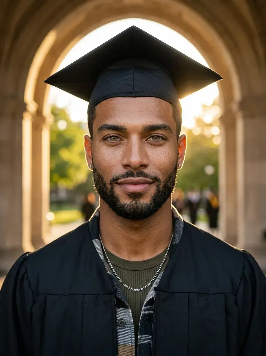 AI AI Graduation Photos — Stunning Portraits — Person in cap and gown posing proudly in front of a university stone archway in warm afternoon light