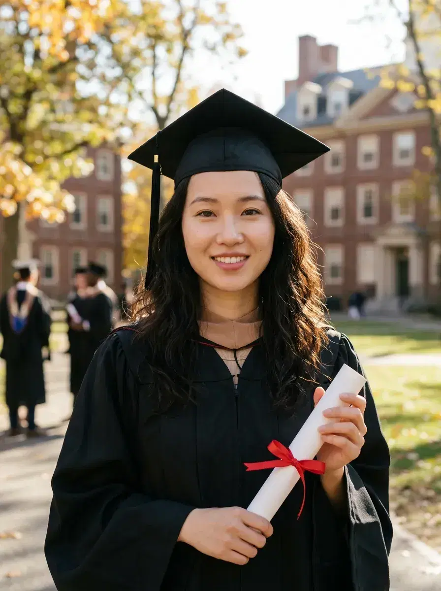 AI AI Graduation Photos — Stunning Portraits — Graduate in regalia holding diploma on a sunlit campus quad with autumn trees