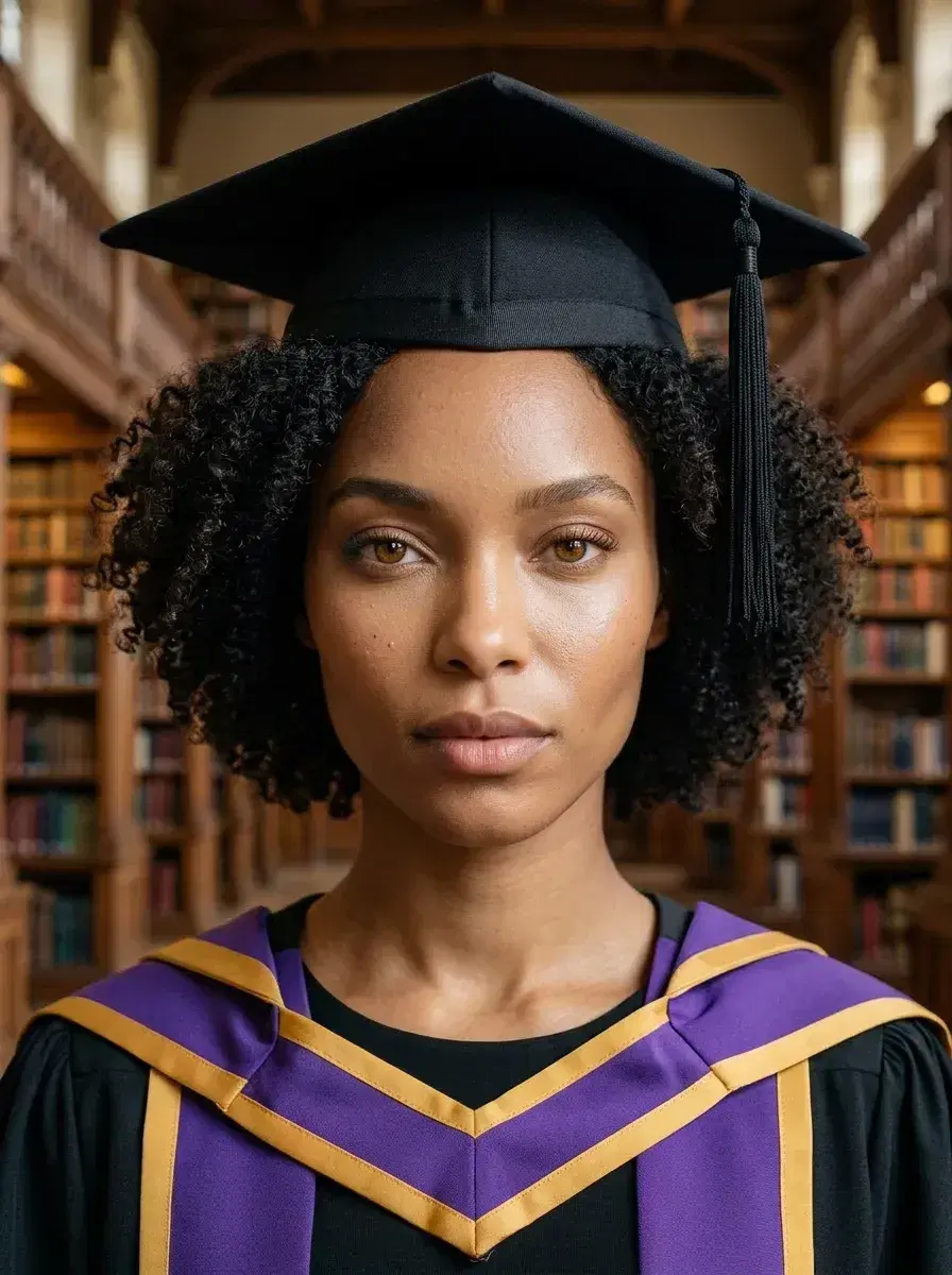 AI AI Graduation Photos — Stunning Portraits — Graduate in cap and gown inside a grand university library with tall bookshelves