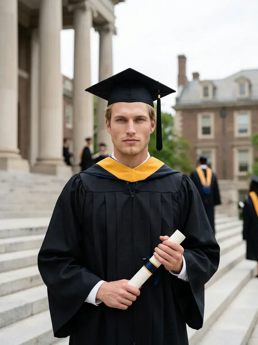 AI AI Graduation Photos — Stunning Portraits — Graduate standing on wide university steps with classical columns in the background