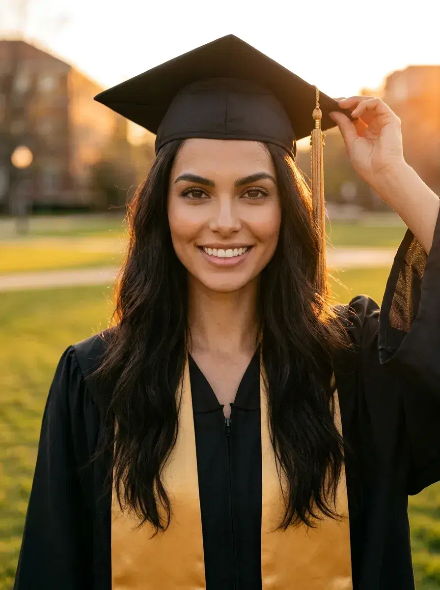 AI AI Graduation Photos — Stunning Portraits — Graduate on campus lawn at golden hour holding cap with warm orange light
