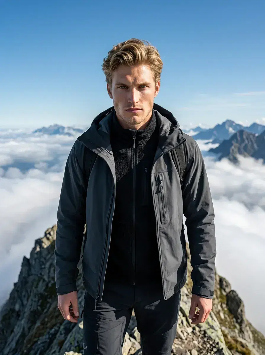 AI AI Hiking Photos — Trail-Ready Portraits — Hiker on a narrow ridgeline above the clouds