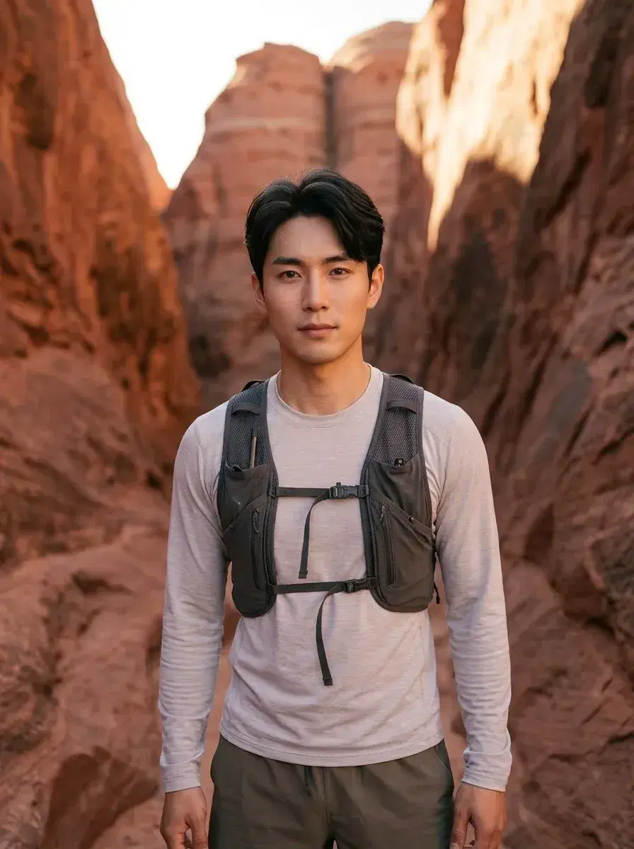 AI AI Hiking Photos — Trail-Ready Portraits — Person in a red sandstone slot canyon at golden hour