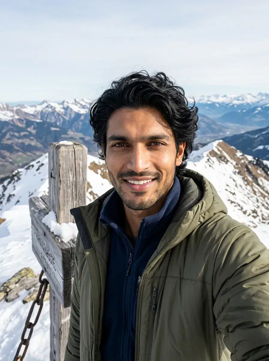 AI AI Hiking Photos — Trail-Ready Portraits — Hiker at a snow-dusted summit marker with panoramic alpine views